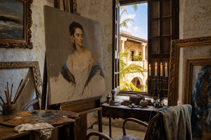Estudio de pintura colonial caribeño del siglo XVIII con caballete y marcos dorados