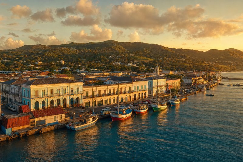Puerto caribeño colonial al atardecer — evocación de las conexiones atlánticas entre las Islas Canarias y Cuba